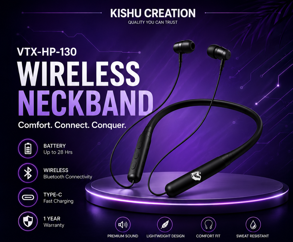 KISHU CREATION VTX-HP-130 Wireless Bluetooth Neckband | Up to 28 Hours Battery | Type-C Fast Charging |