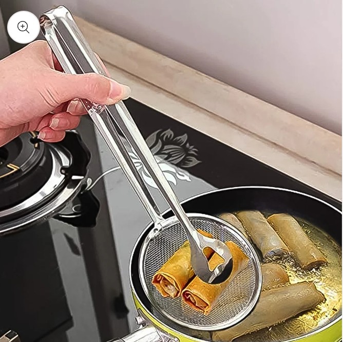Stainless Steel Fried Food Tong with Mesh Strainer | Multi-Functional Kitchen Chimta