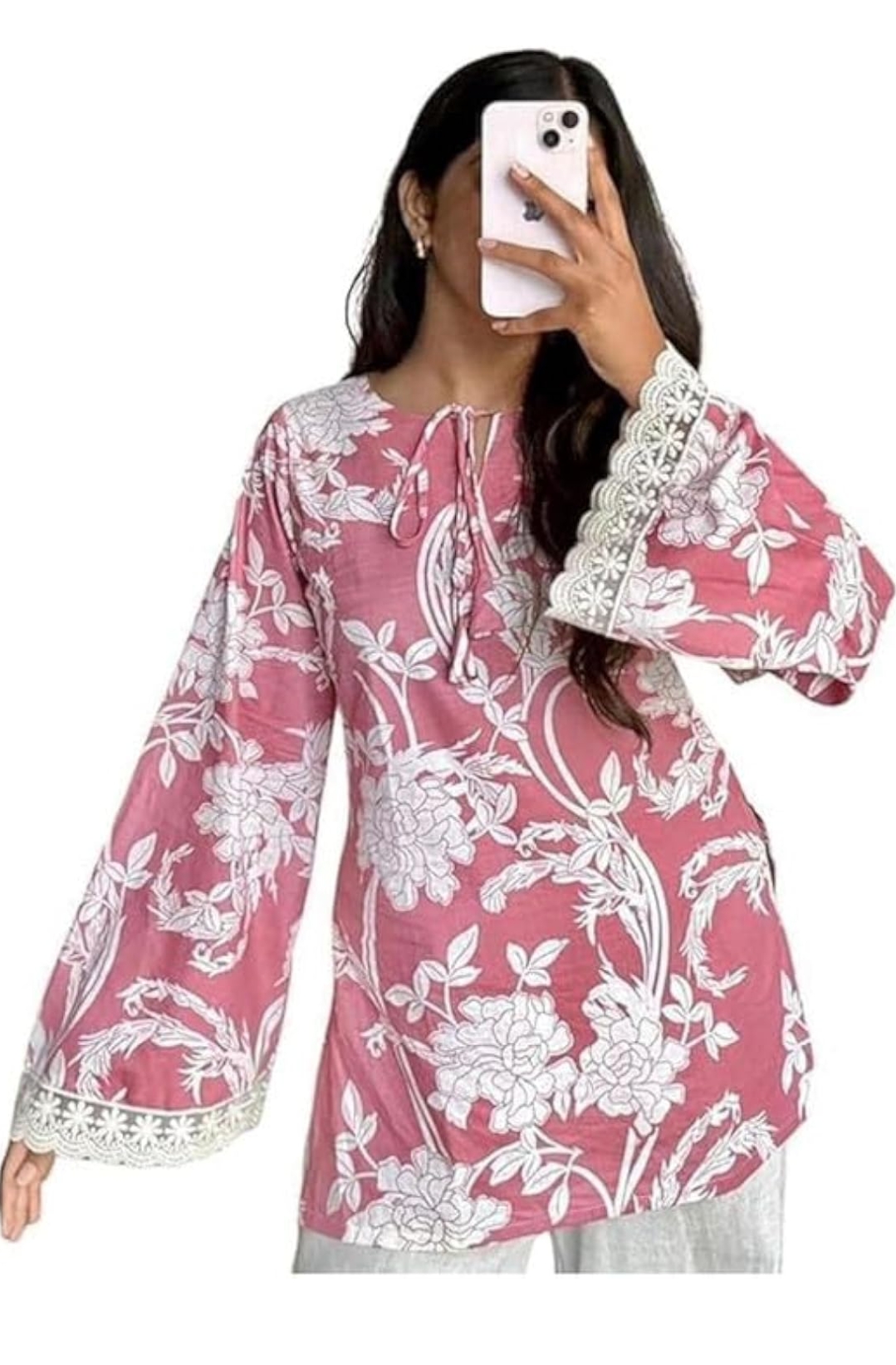Women's Printed Tunic Modern Pink Top, Square Neck, Full Sleeves, Flared Hem, Ethnic Style
