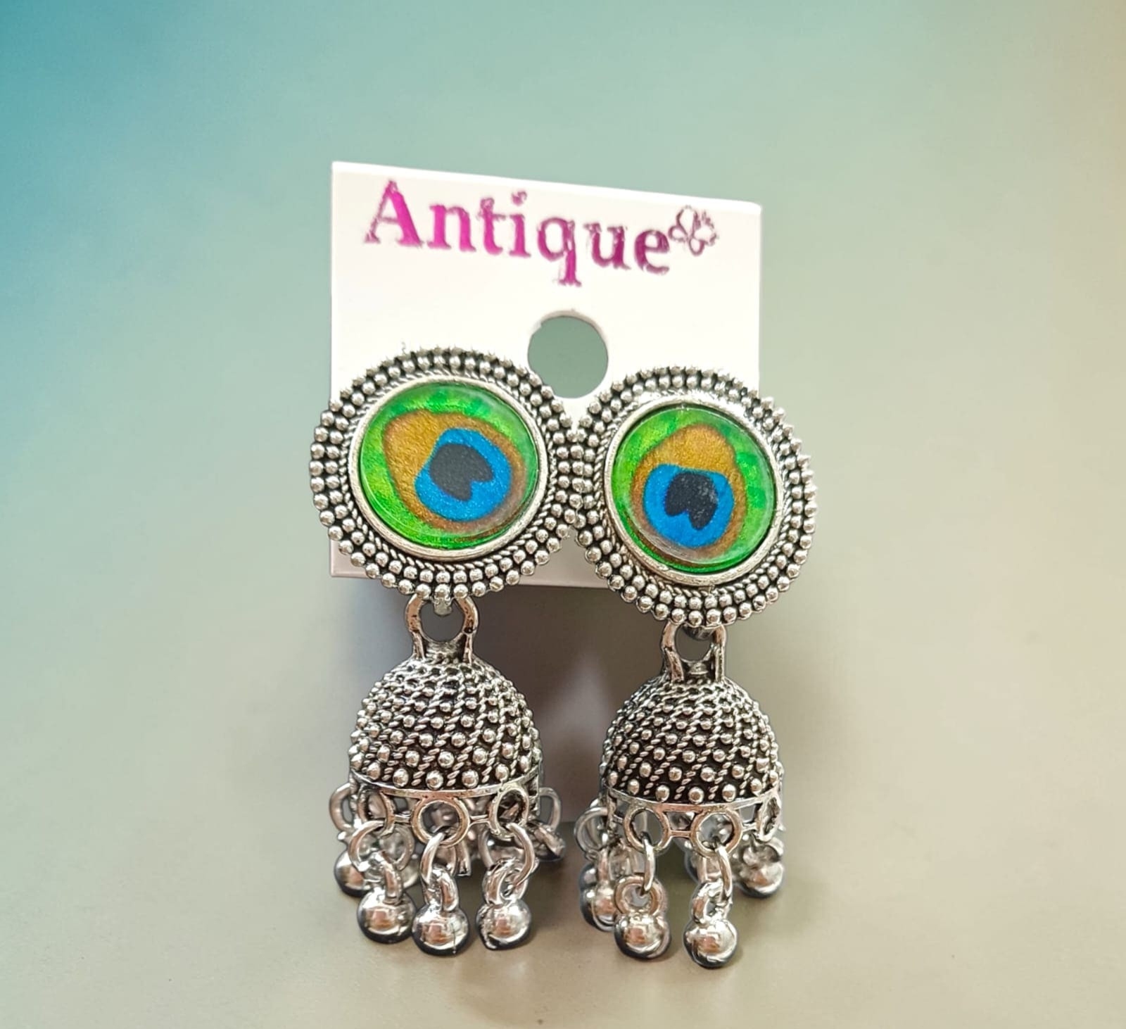 Oxidised Silver-Plated Peacock Feather Design Jhumka Earrings