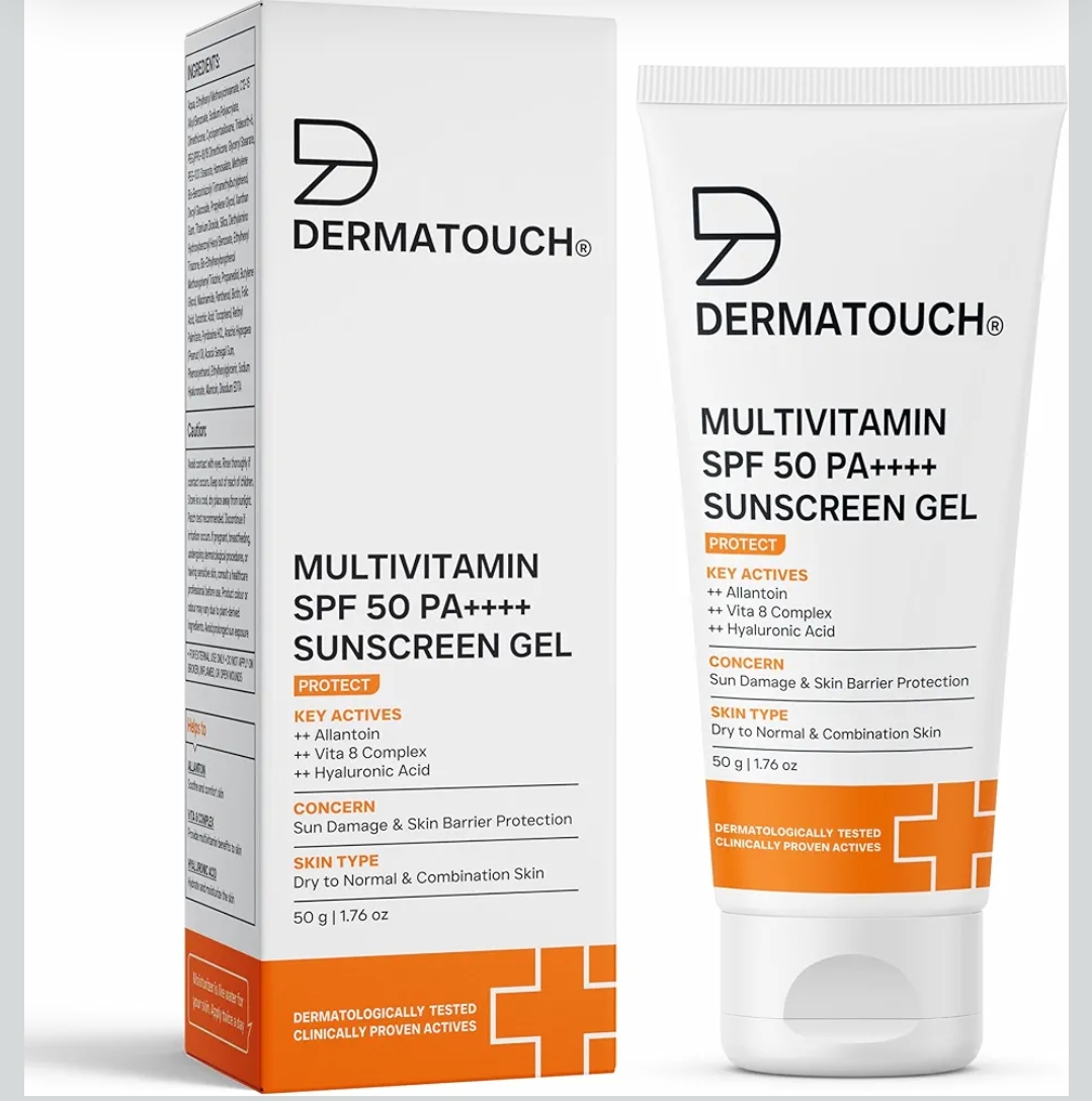 DERMATOUCH Multivitamin SPF 50 PA++++ Sunscreen Gel | Broad Spectrum UVA-UVB Protection | Zero White Cast | Helps Reduce Sun Damage & Skin Barrier Protection | For All Skin Types | 50g