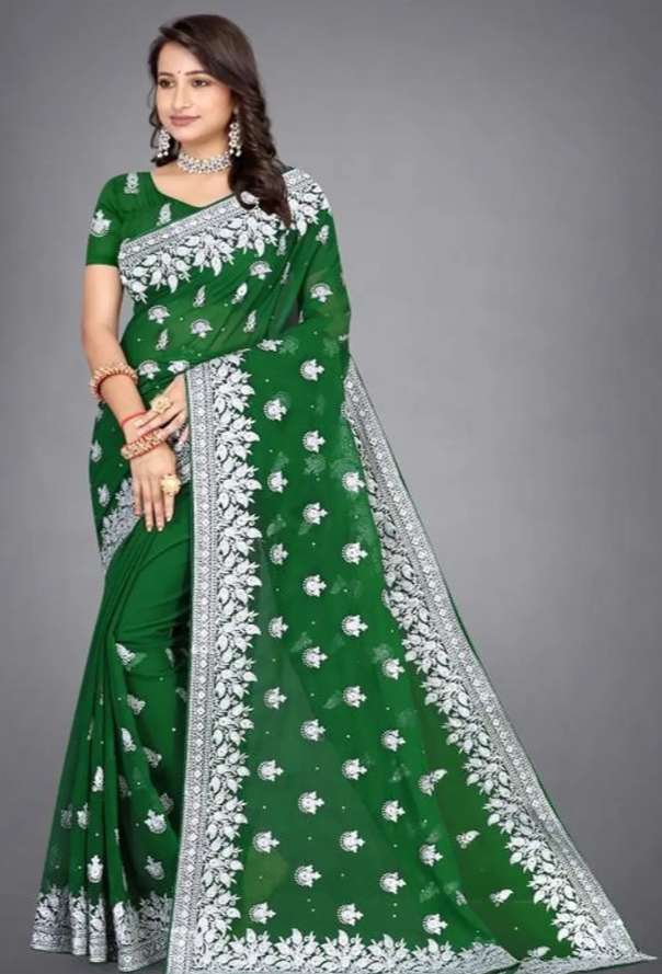 Elegant Emerald Green Georgette Saree with Heavy White Floral Embroidery