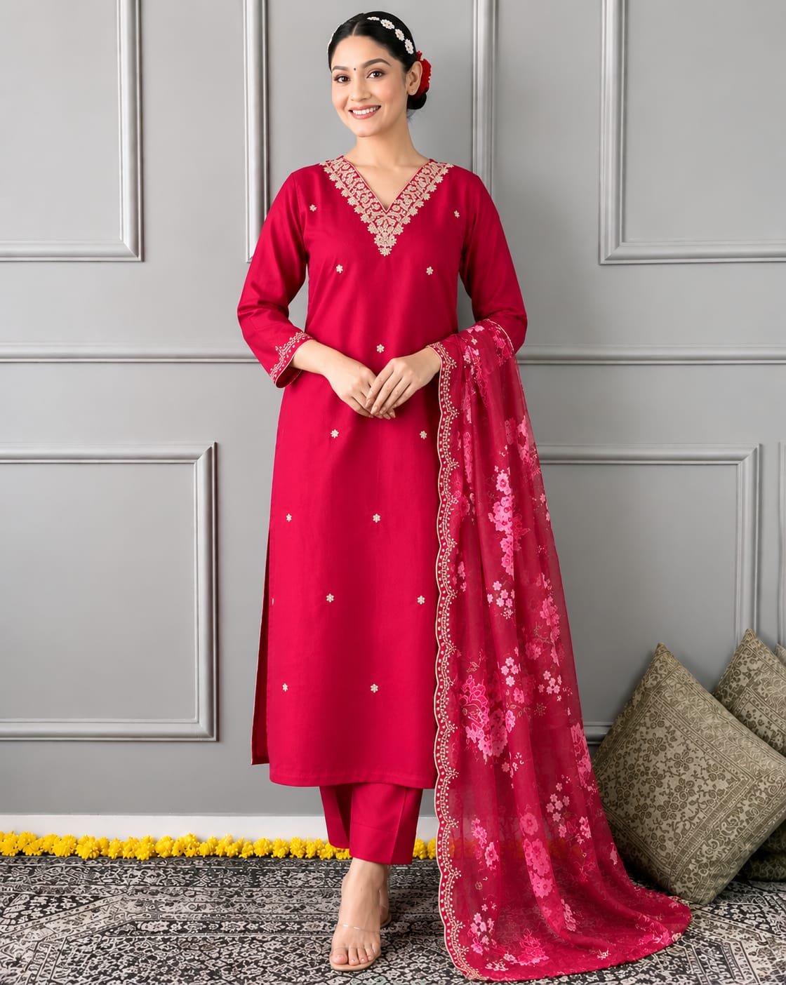 Jay Fashion Life - Cherry Red Embroidered Kurta Set with Floral Organza Dupatta