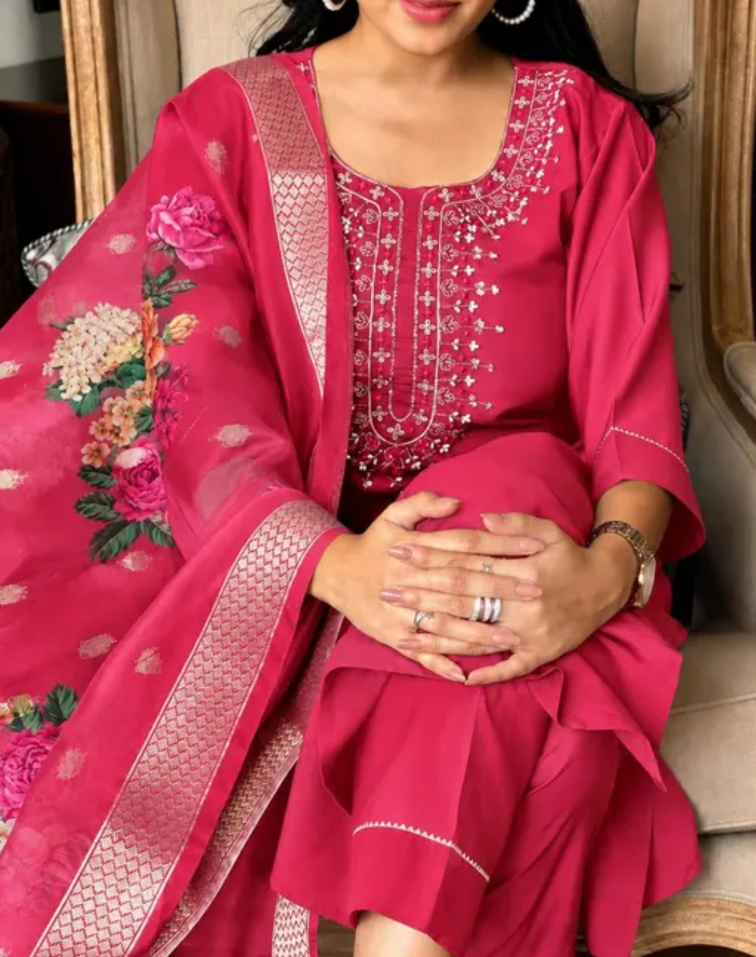Women's Rani Pink Embroidered Kurta Pant with Floral Printed Organza Dupatta Set | Ethnic Kurti Set for Women | Festive, Party & Office Wear