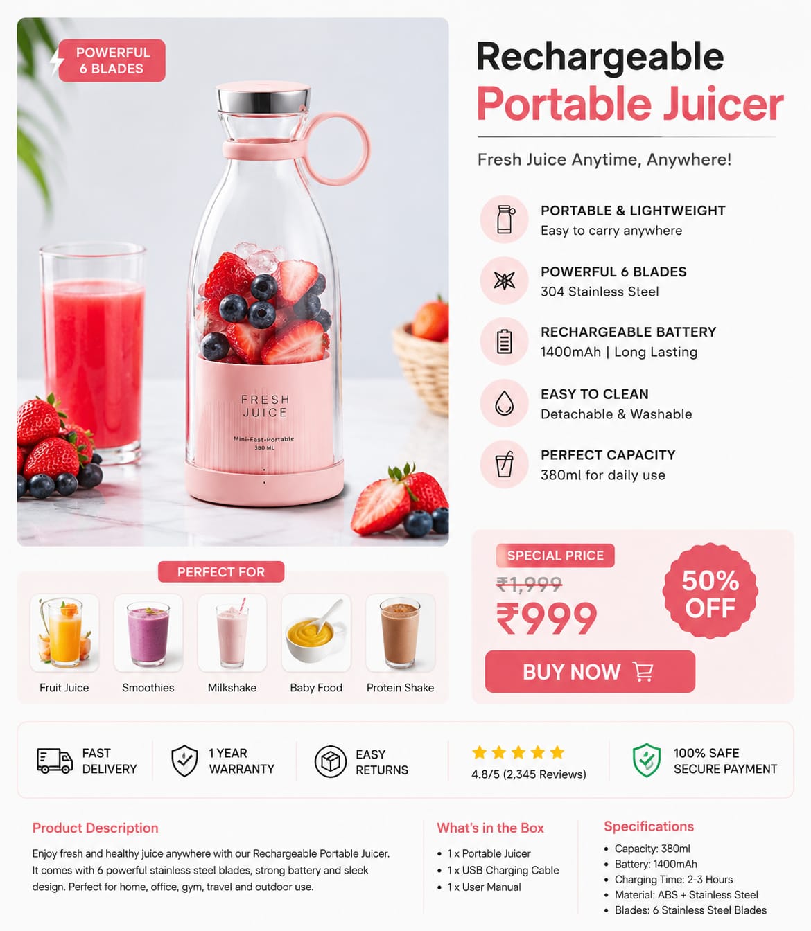 ZORVIXA Rechargeable Portable Juicer Blender | 6-Blade USB Blender | 380ML | Fresh Juice Anytime
