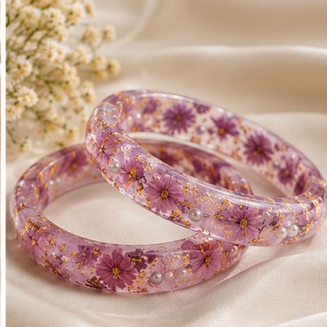 Handmade Green Floral Resin Bangles Set of 2 | Dried Flower & Gold Flakes Bangles for Women
