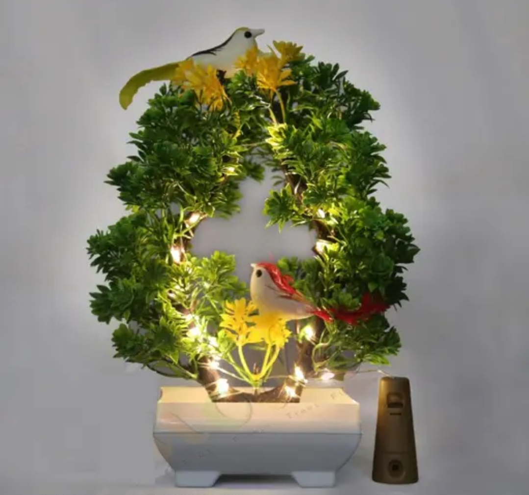 Artificial Bonsai Plant, 2 Sparrow with LED Light