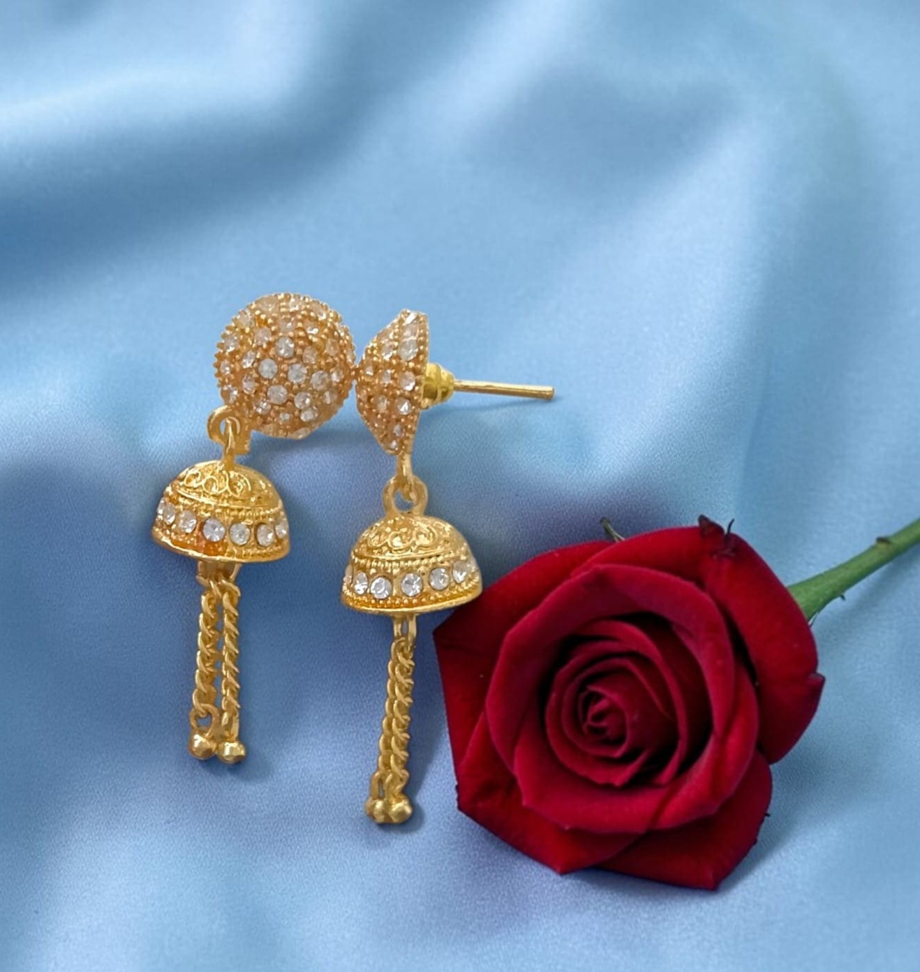 Gold-Plated Stone Studded Jhumka Earrings with Chain Hangings