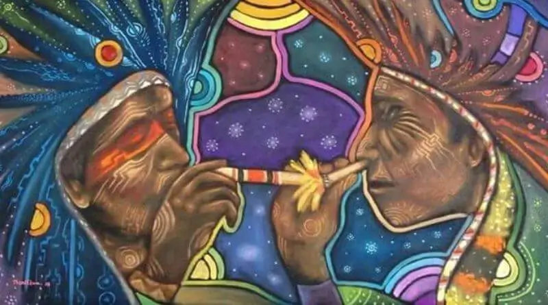 Indios brasileiros soprando rapé