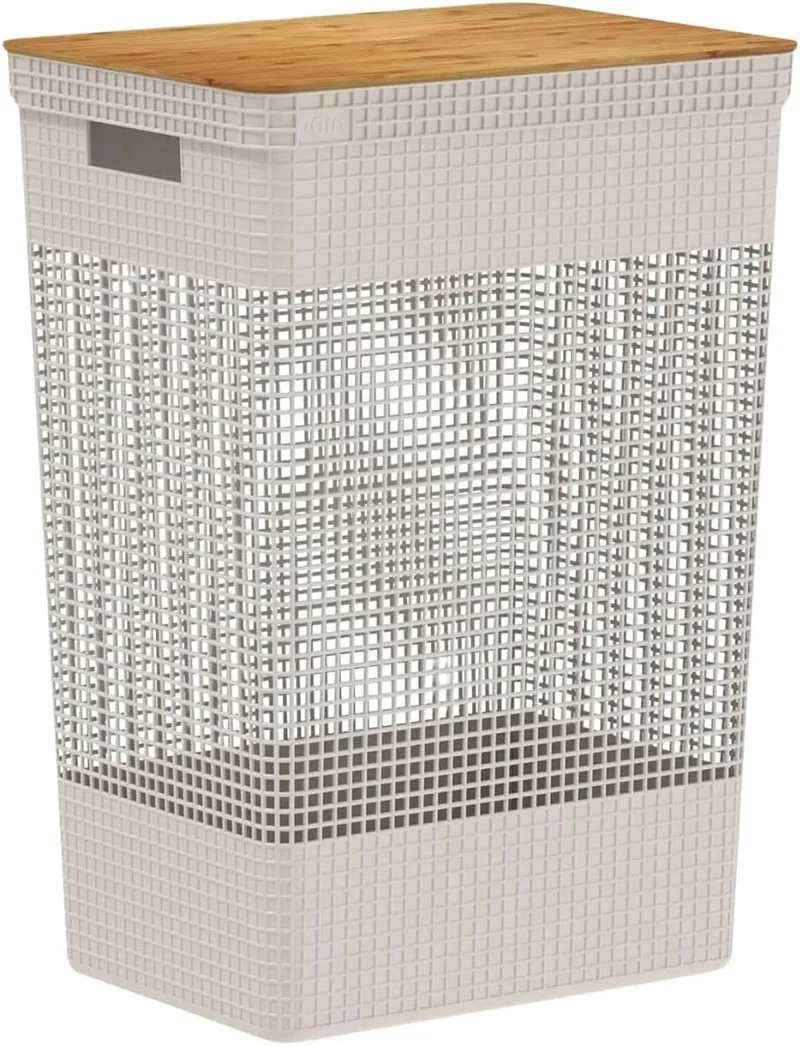 Ou Cesto de roupas 49L com tampa de bambu Bege Linha Grid | Amazon.com.br