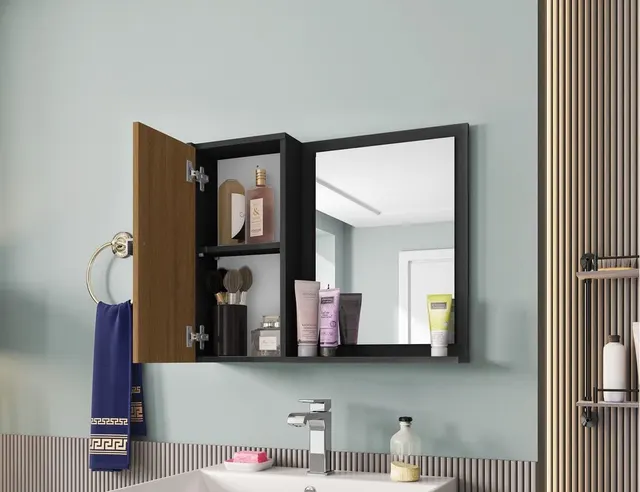 Armário Espelheira Com Porta Genova Preto/Ripado : Amazon. com. br: Casa