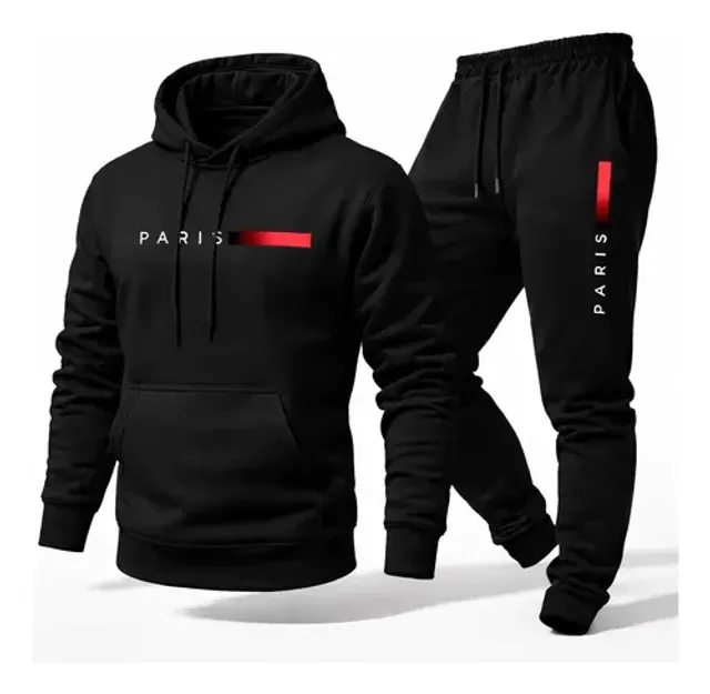 Conjunto Moletom Calça Unissex Paris Canguru Casaco Frio Gg Preto