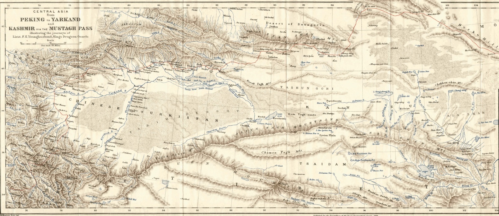 ruta del viaje de Younghusband de Pekín a Yarkanda en 1888