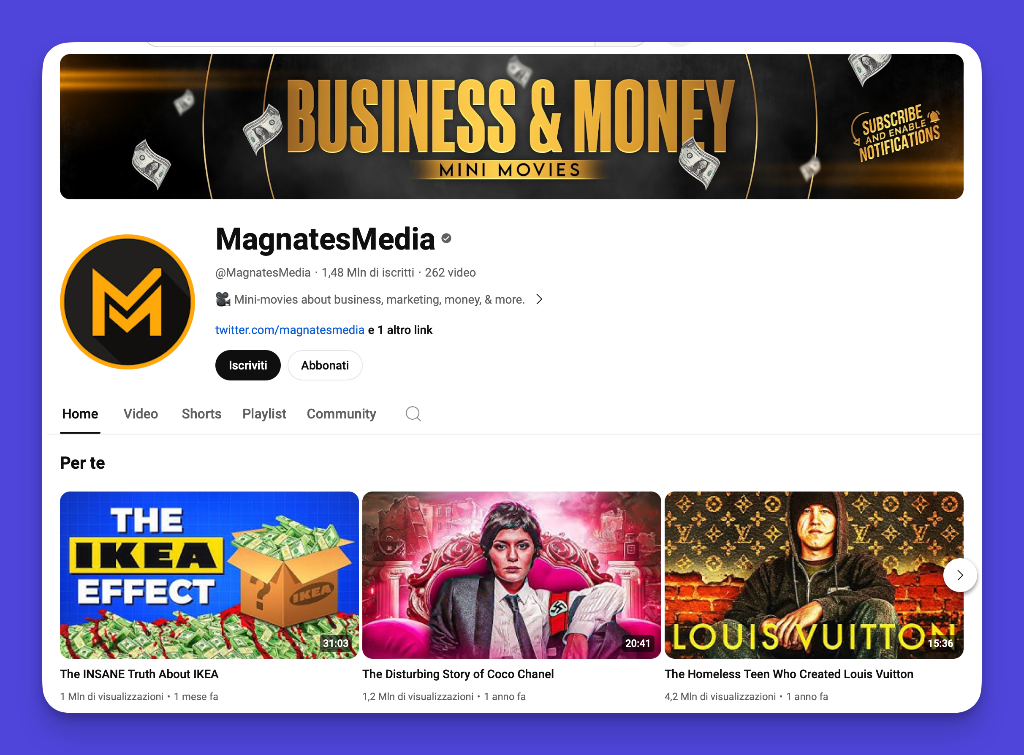 MagnatesMedia YouTube channel example of a successful faceless channel in the business and marketing niche