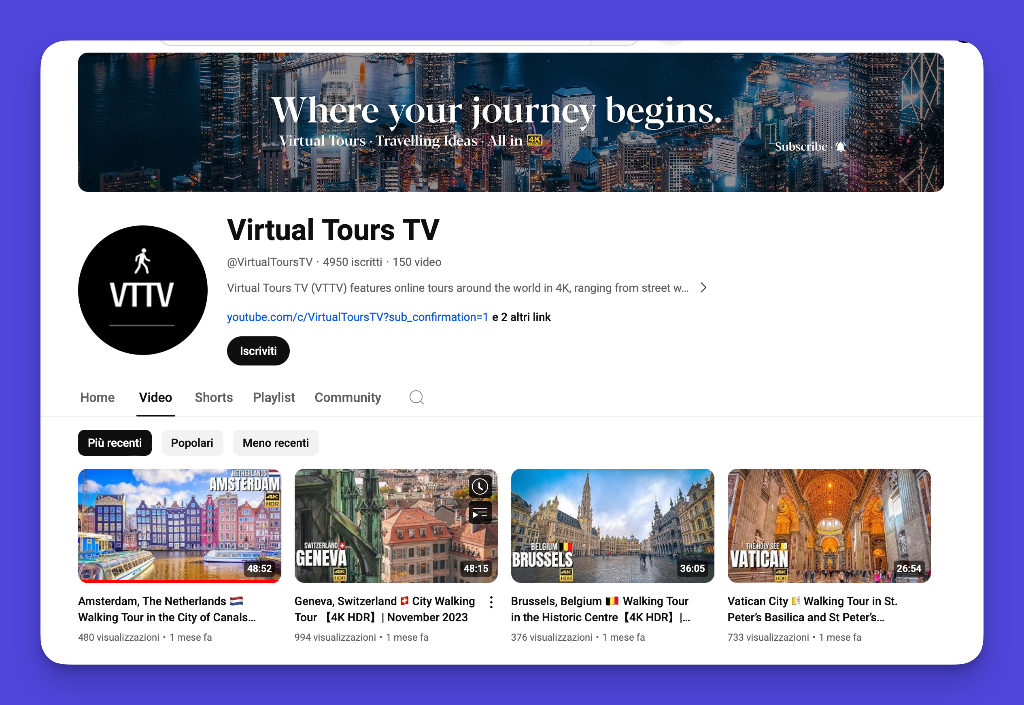 Virtual Tours TV YouTube channel using animations for travel and virtual tour content without showing faces