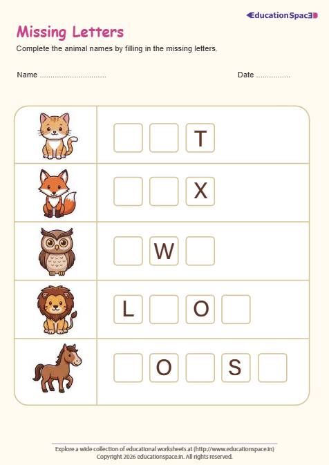 Missing Letters Animal Worksheet