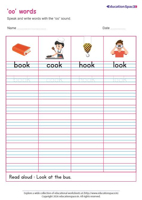 'oo' words Phonics Tracing and Sentence Completion 