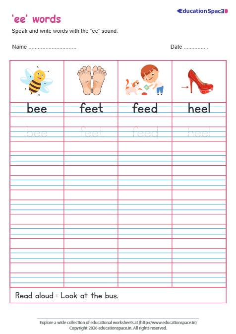 'ee' words: Phonics Tracing and Sentence Completion