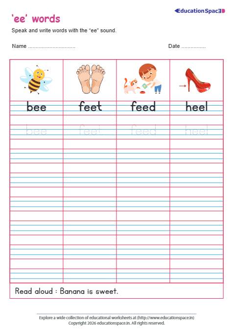 'ee' words: Phonics Tracing and Sentence Completion