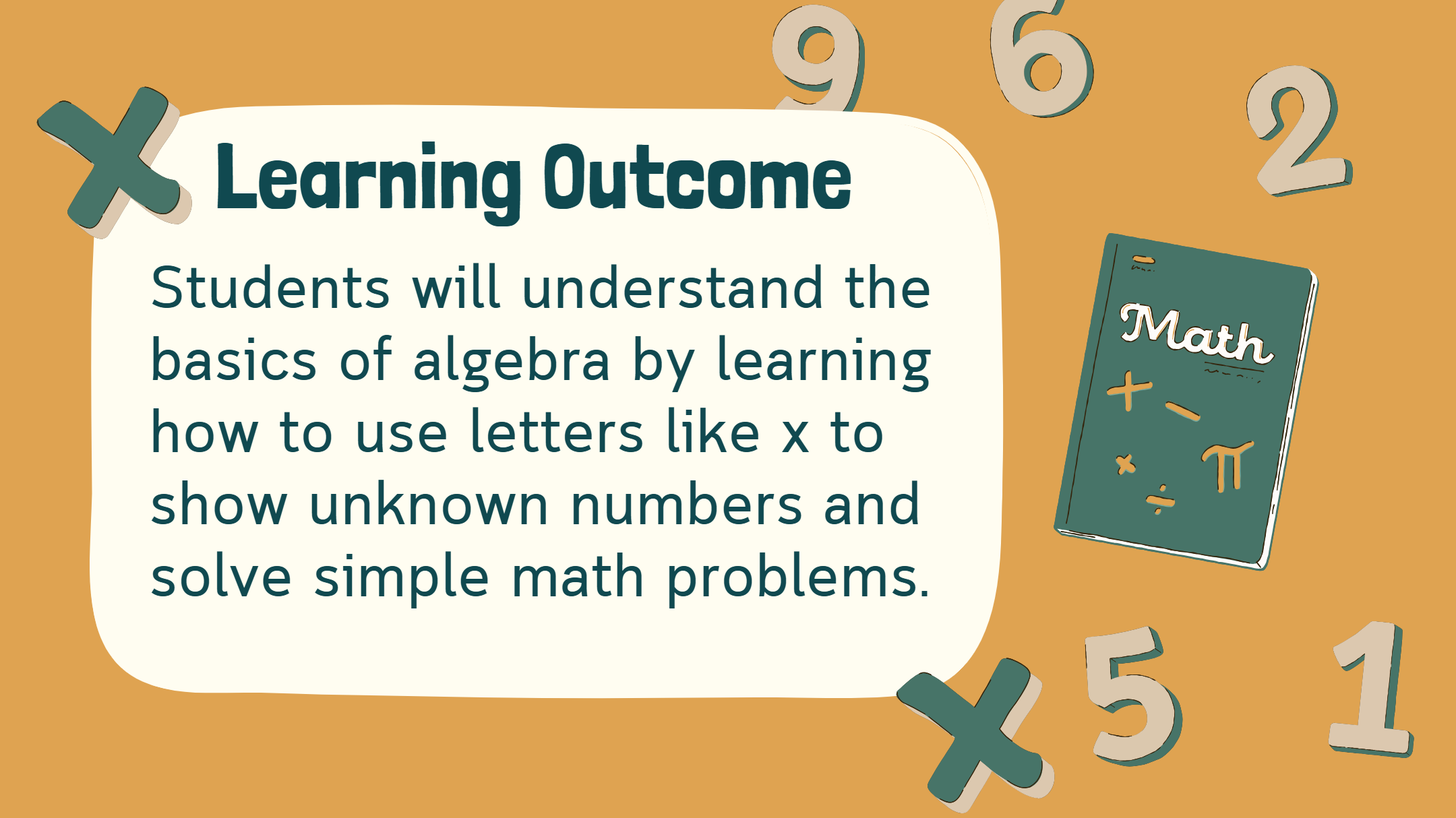Students will understand the basics of algebra by learning how to use letters like x to show unknown numbers and solve simple math problems.