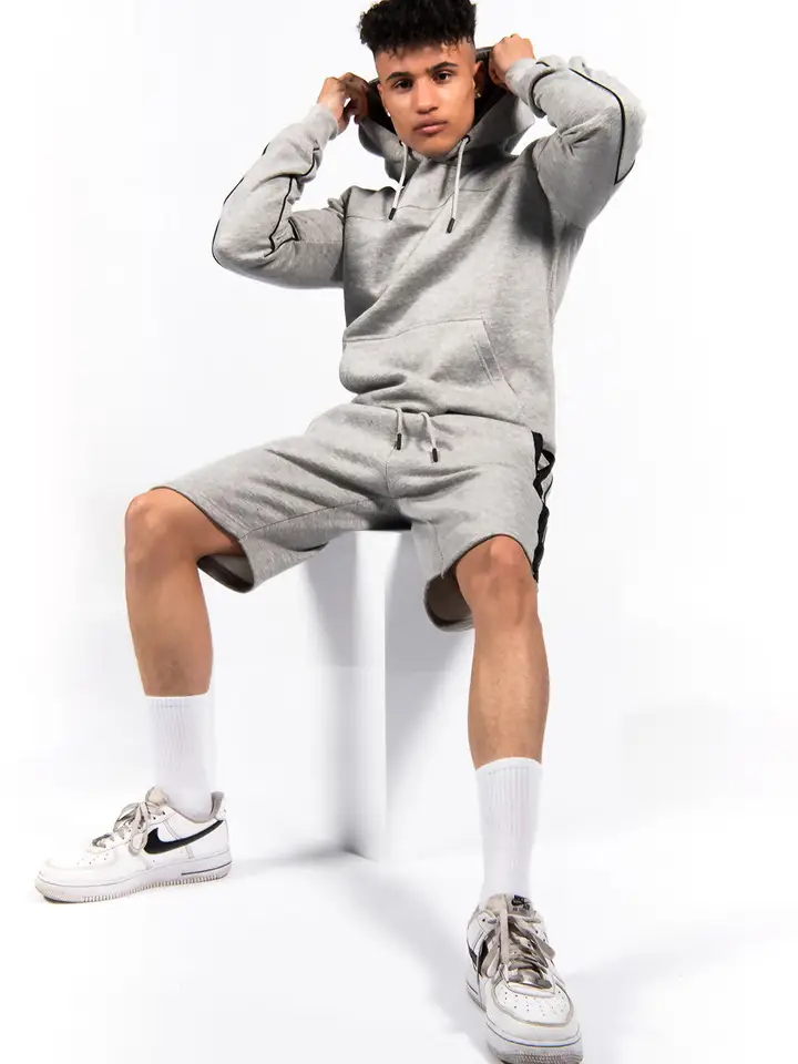 Contrast Zip Piped Hoodie And Short Set