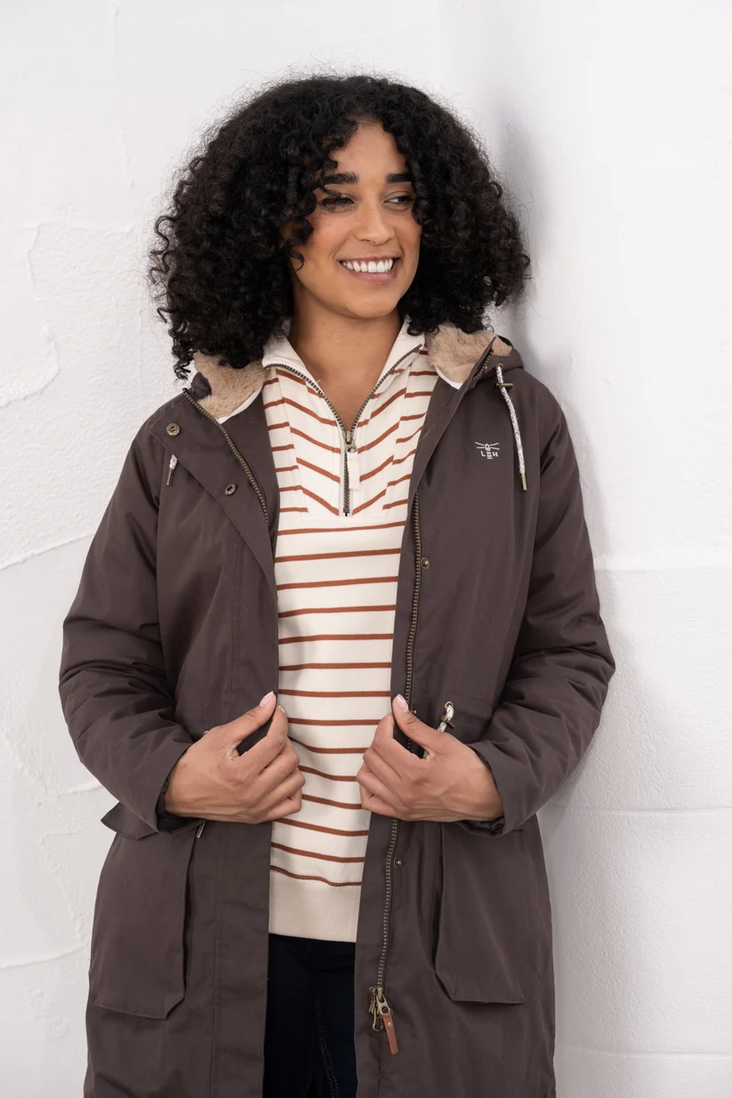 Women's Isobel Hooded Waterproof Coat - Cocoa - Ladies Breathable, Windproof, 3/4 Length Jacket with Insulated Padding and Faux Fur Lined Hood