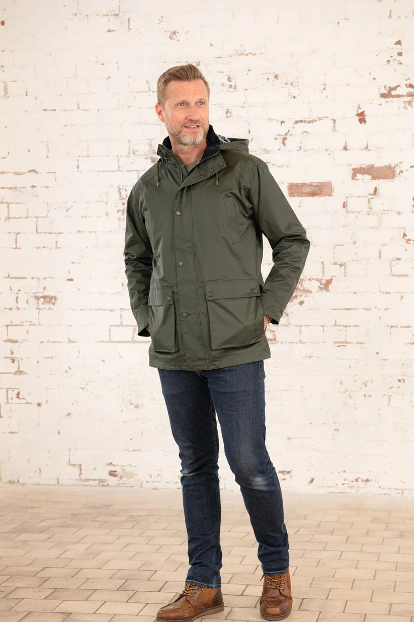 Oxford Mens Raincoat, Waterproof Windproof Jacket with Detachable Check Lined Hood - Hunter Green