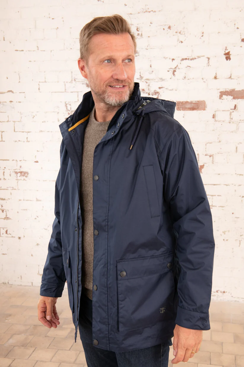 Oxford Mens Raincoat, Waterproof Windproof Jacket with Detachable Check Lined Hood - Navy