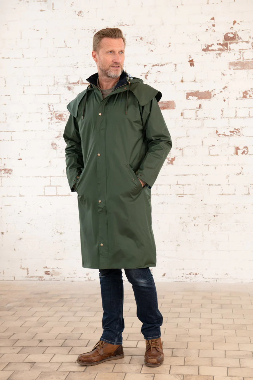 Men's Stockman Waterproof Raincoat - Long Lined Windproof Outdoor Coat with Detachable Hood