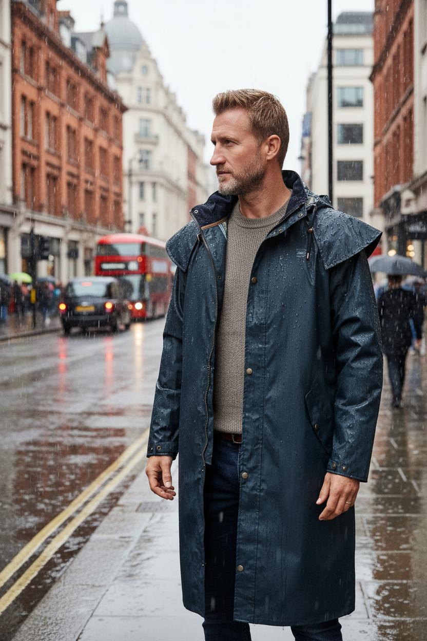 Stockman Mens Raincoat, Waterproof Windproof Jacket with Detachable Check Lined Hood - Navy