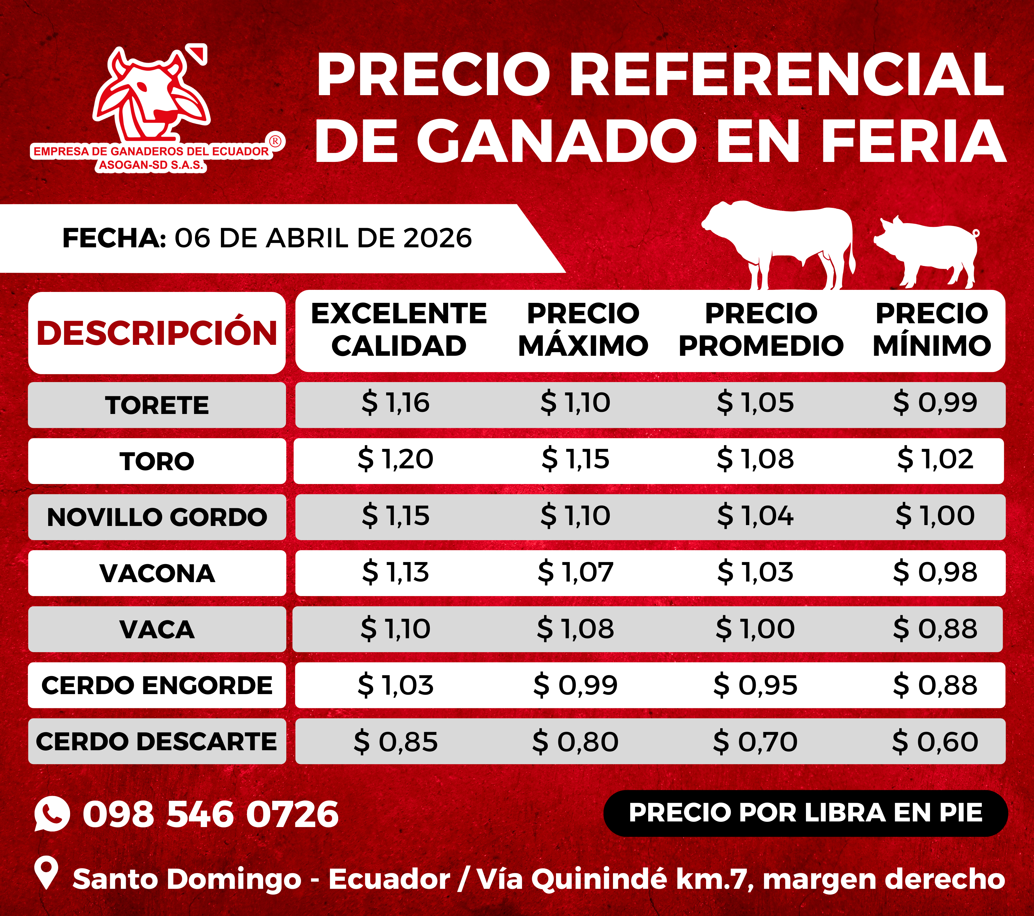 Precio referencial de Ganado en feria ASOGAN SD