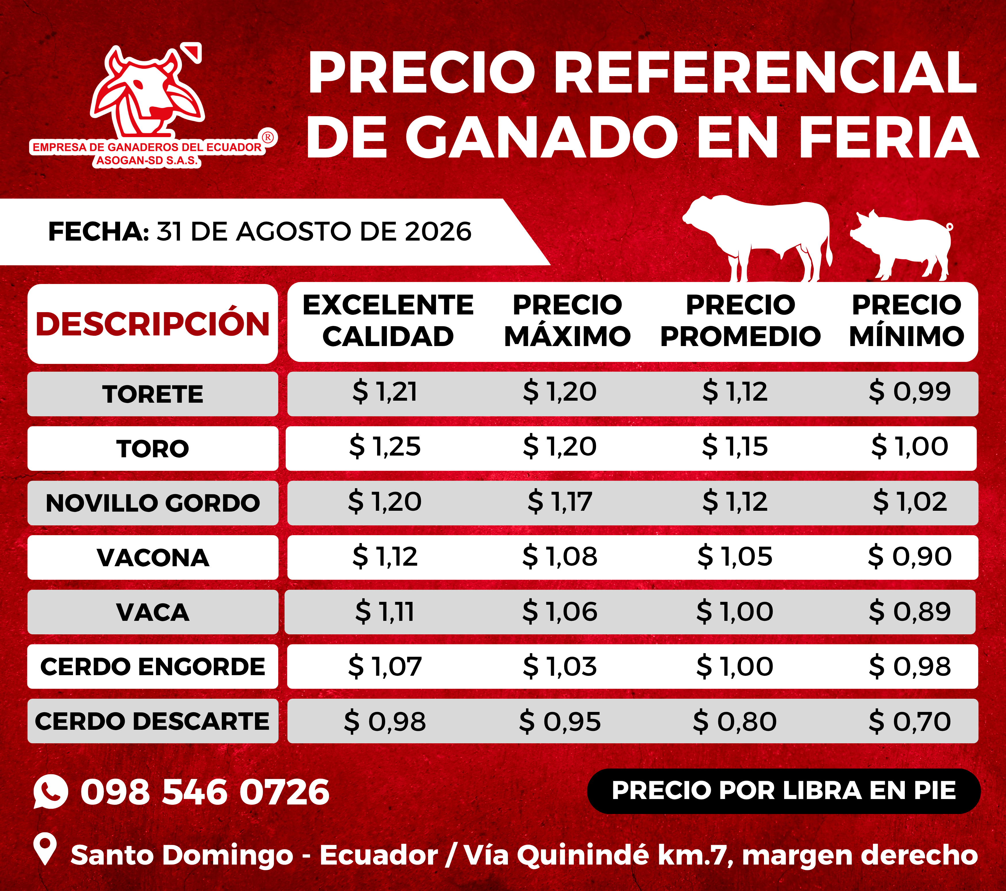 Precio referencial de Ganado en feria ASOGAN SD