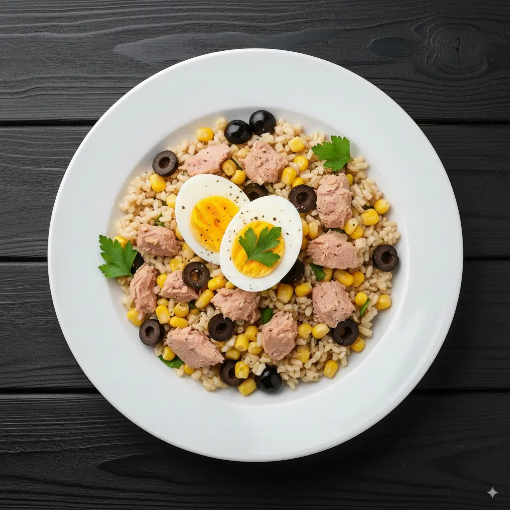 Ensalada de arroz integral con huevo y atún