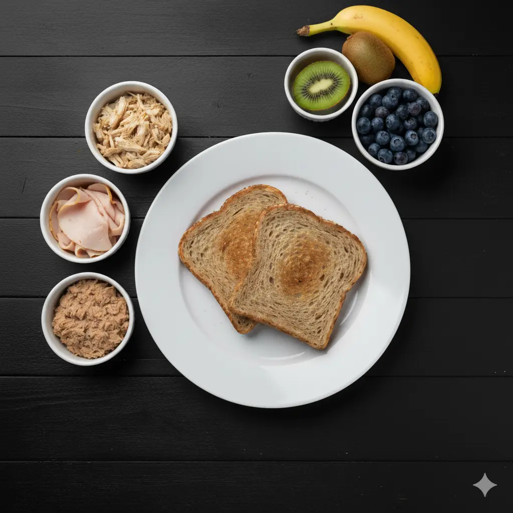 Pan con pavo, queso batido y fruta