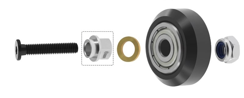 POM Wheel Pulley Kit (Type A2 with Eccentric Spacer) for 2020 V Slot Aluminum Profiles.