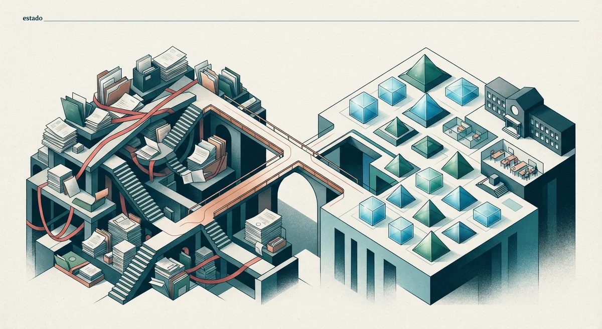 Ilustración editorial conceptual generada por IA para: Mineduc presenta plan con 19 medidas para reducir carga administrativa en colegios