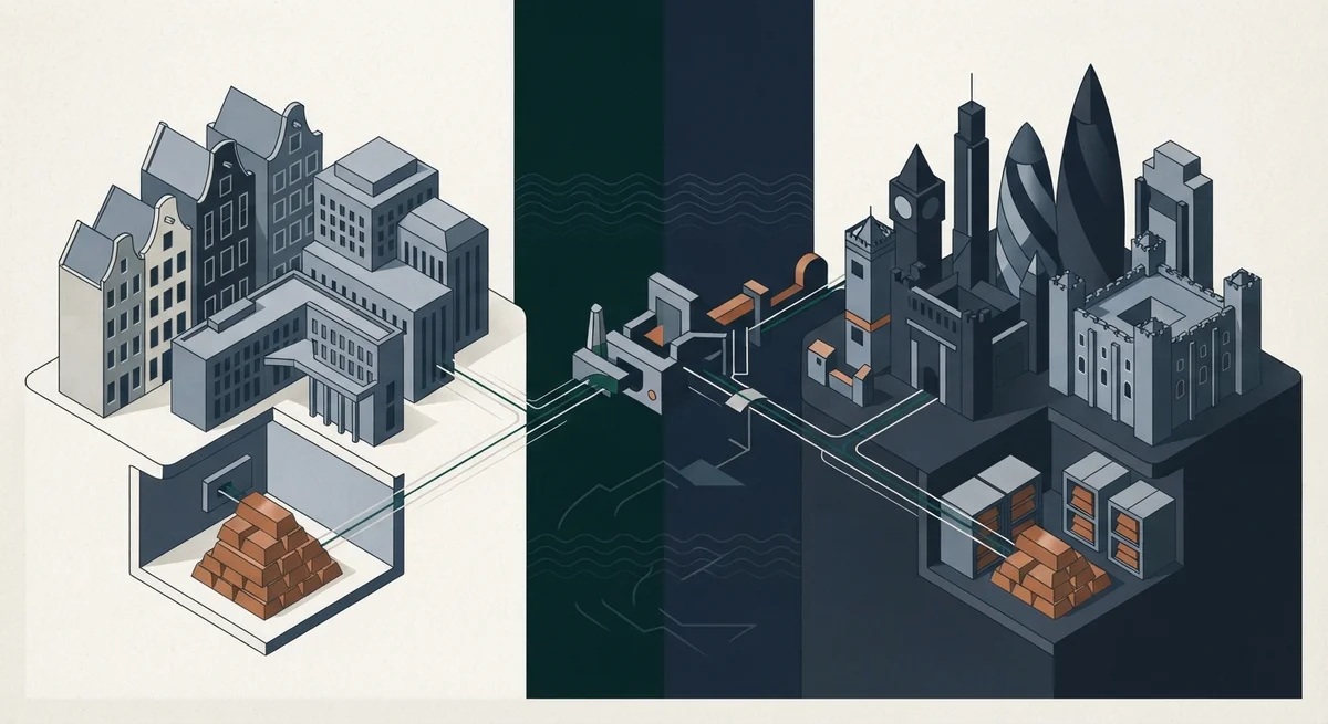 Ilustración editorial conceptual generada por IA para: Países Bajos reubica sus reservas de oro en Londres para mejorar su preparación ante crisis