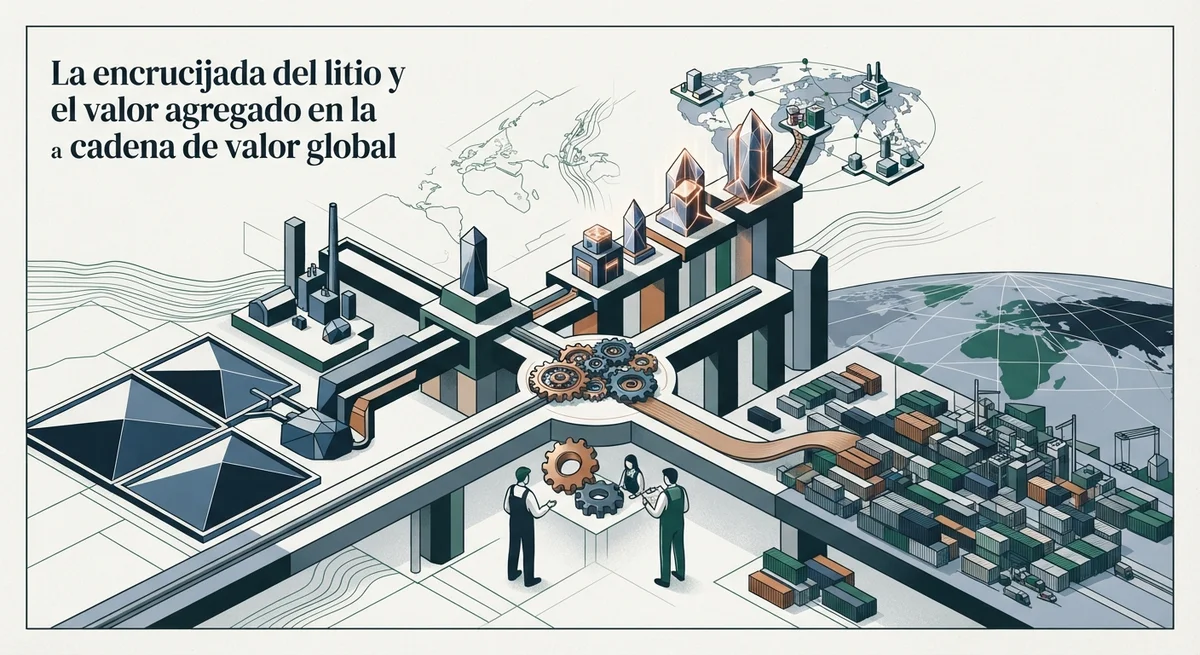 Ilustración editorial conceptual generada por IA para: Análisis: La encrucijada del litio y el valor agregado en la cadena de valor global