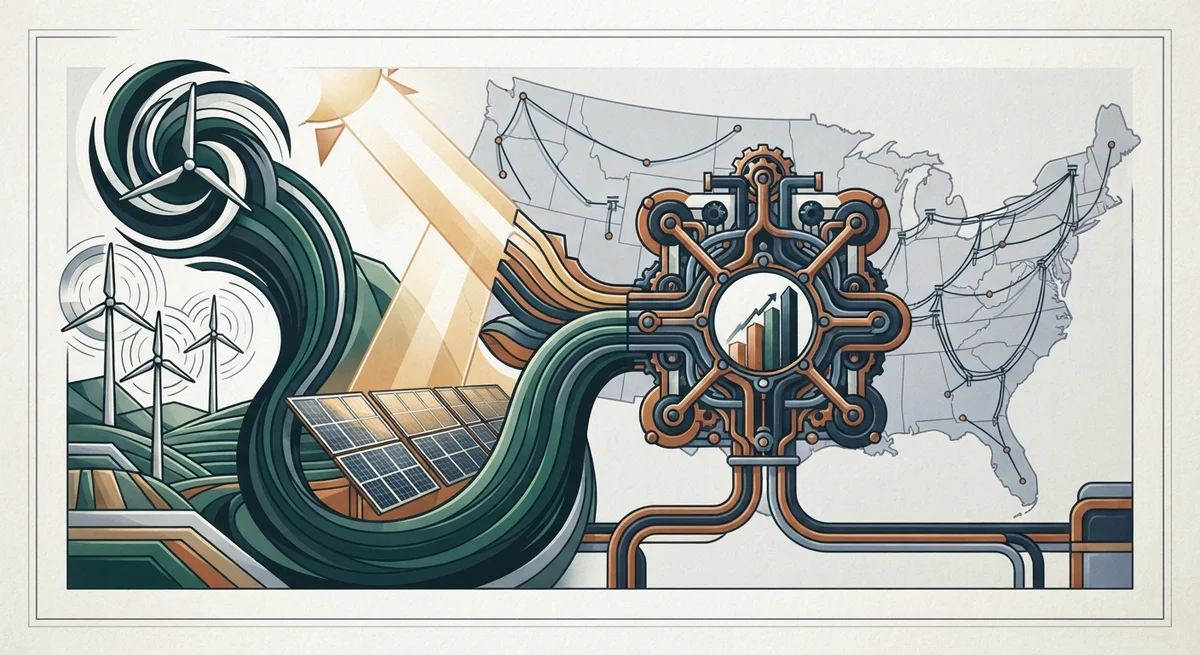 Ilustración editorial conceptual generada por IA para: Parques eólicos y solares alcanzan récord de inyección renovable en el Sistema Eléctrico Nacional