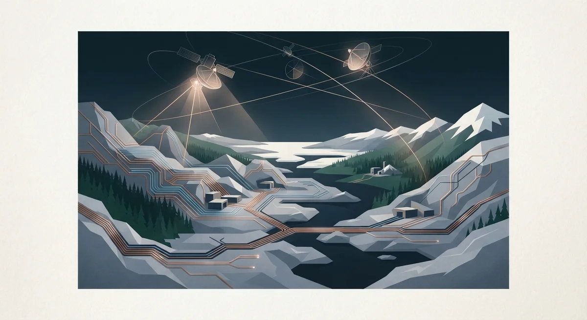 Ilustración editorial conceptual generada por IA para: Despliegue de infraestructura de fibra óptica austral y satelital mejora conectividad en zonas extremas