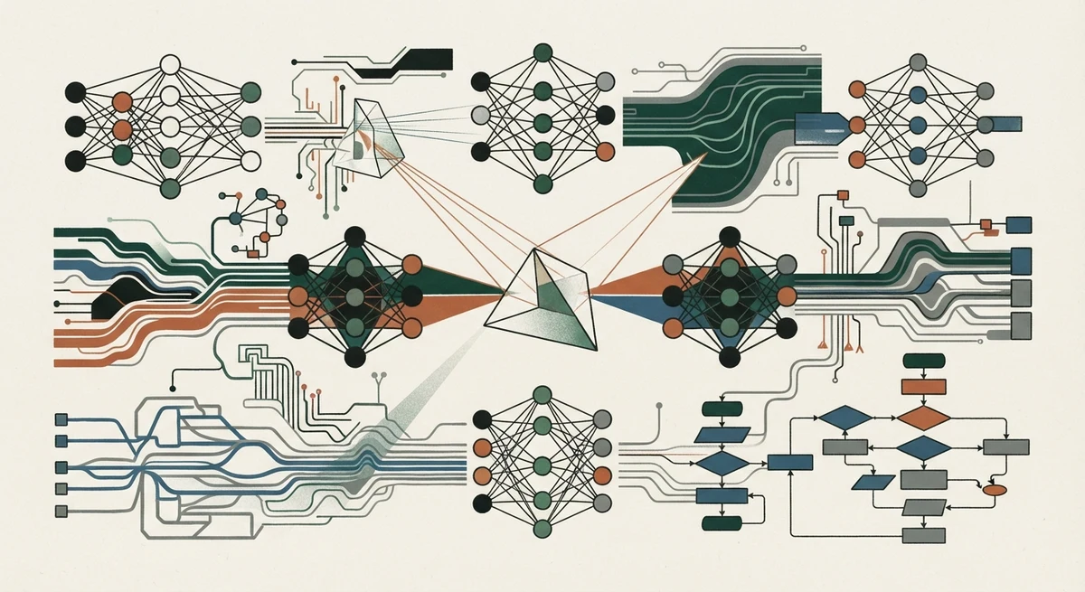 Ilustración editorial conceptual: Arquitectura de sistemas y operadores de IA