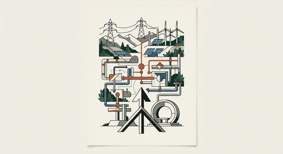 Ilustración editorial conceptual generada por IA para: Tribunal Ambiental acoge reclamo de Interchile por línea Cardones-Polpaico