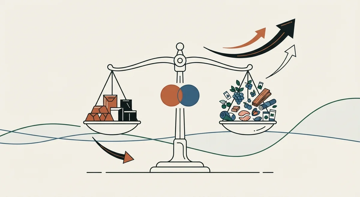 Ilustración editorial bajo Norma Gráfica (§20.3) para: Comercio exterior chileno consolida superávit comercial impulsado por envíos no tradicionales