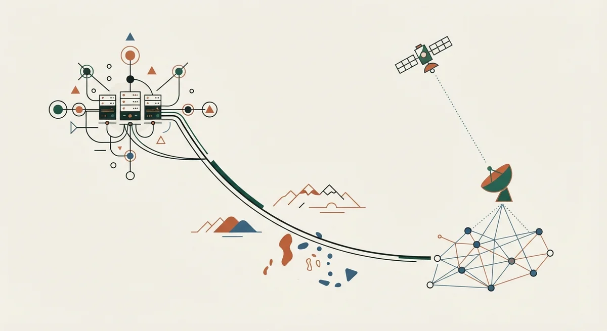 Ilustración editorial bajo Norma Gráfica (§20.3) para: Despliegue de infraestructura de fibra óptica austral y satelital mejora conectividad en zonas extremas