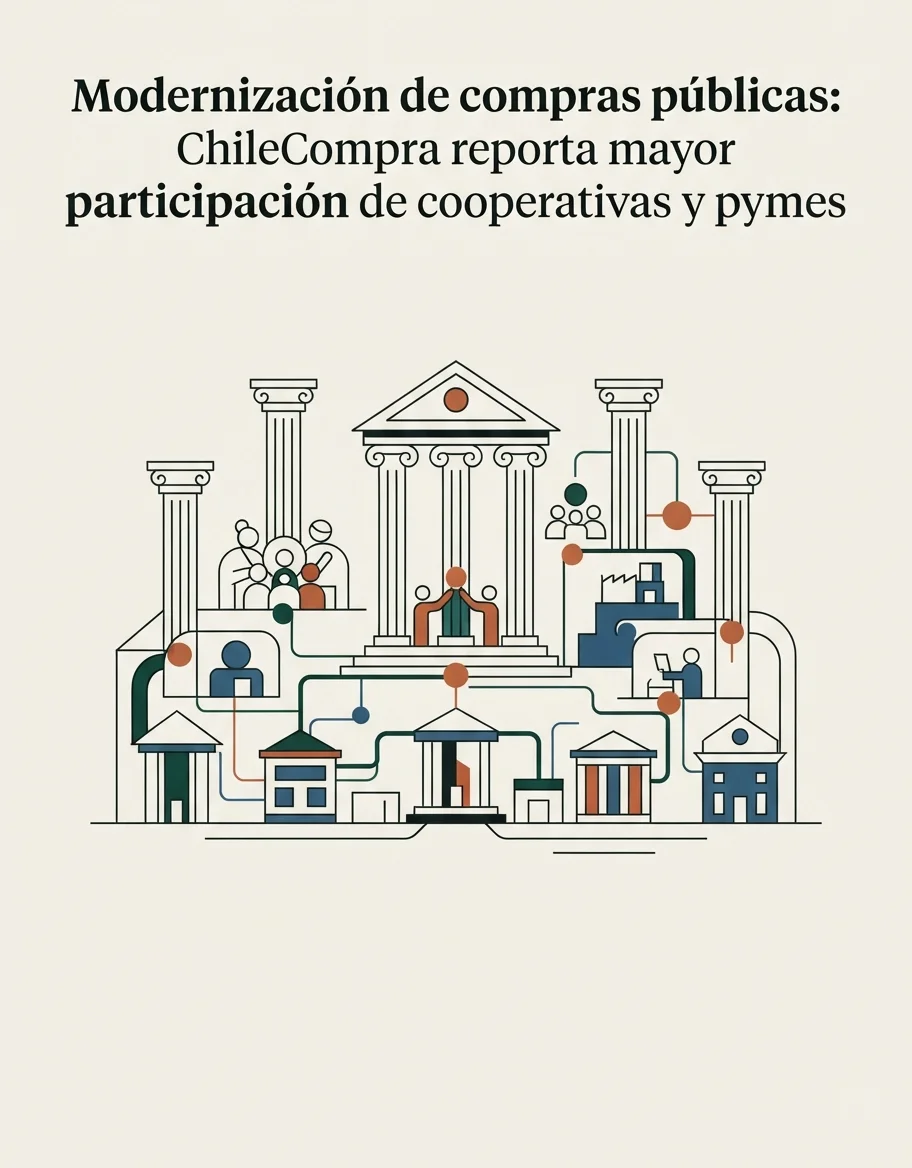 Ilustración editorial bajo Norma Gráfica (§20.3) para: Modernización de compras públicas: ChileCompra reporta mayor participación de cooperativas y pymes