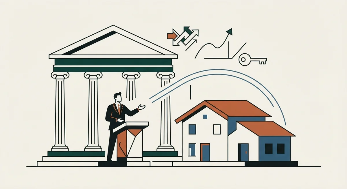 Ilustración editorial bajo Norma Gráfica (§20.3) para: Ejecutivo presenta reforma al mercado de capitales para facilitar acceso a la vivienda