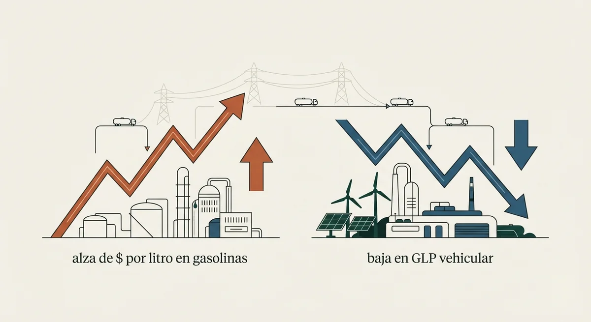 Ilustración editorial bajo Norma Gráfica (§20.3) para: Enap informa alza de $35 por litro en gasolinas y baja en GLP vehicular