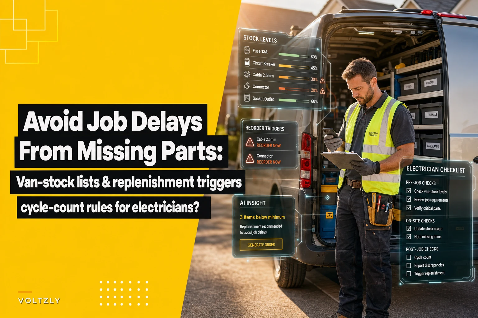 Avoid job delays from missing parts: van-stock lists, replenishment triggers and cycle-count rules for electricians