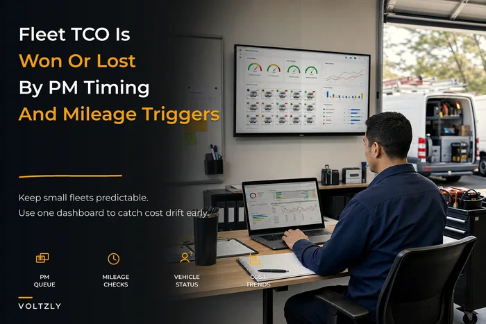 Fleet TCO for small electrical fleets: simple PM, mileage triggers and a monthly dashboard