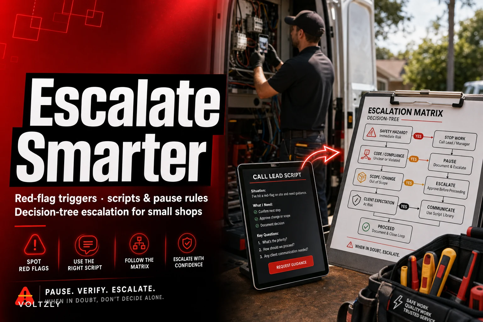 Stop risky on-site decisions: a small-shop escalation matrix with red-flag criteria and scripts
